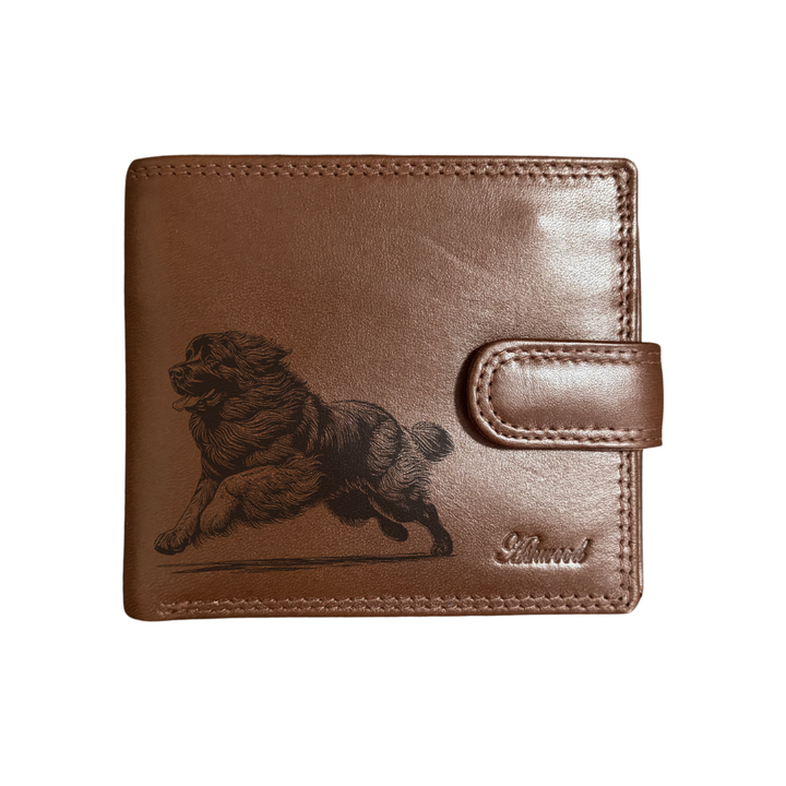 Personalised Leonberger Running Engraved Dark Tan Genuine Leather Wallet