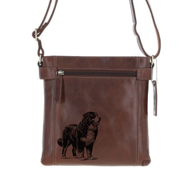 Bernese Mountain Dog Standing Engraved Leather Two Section Zip Top Crossbody Bag