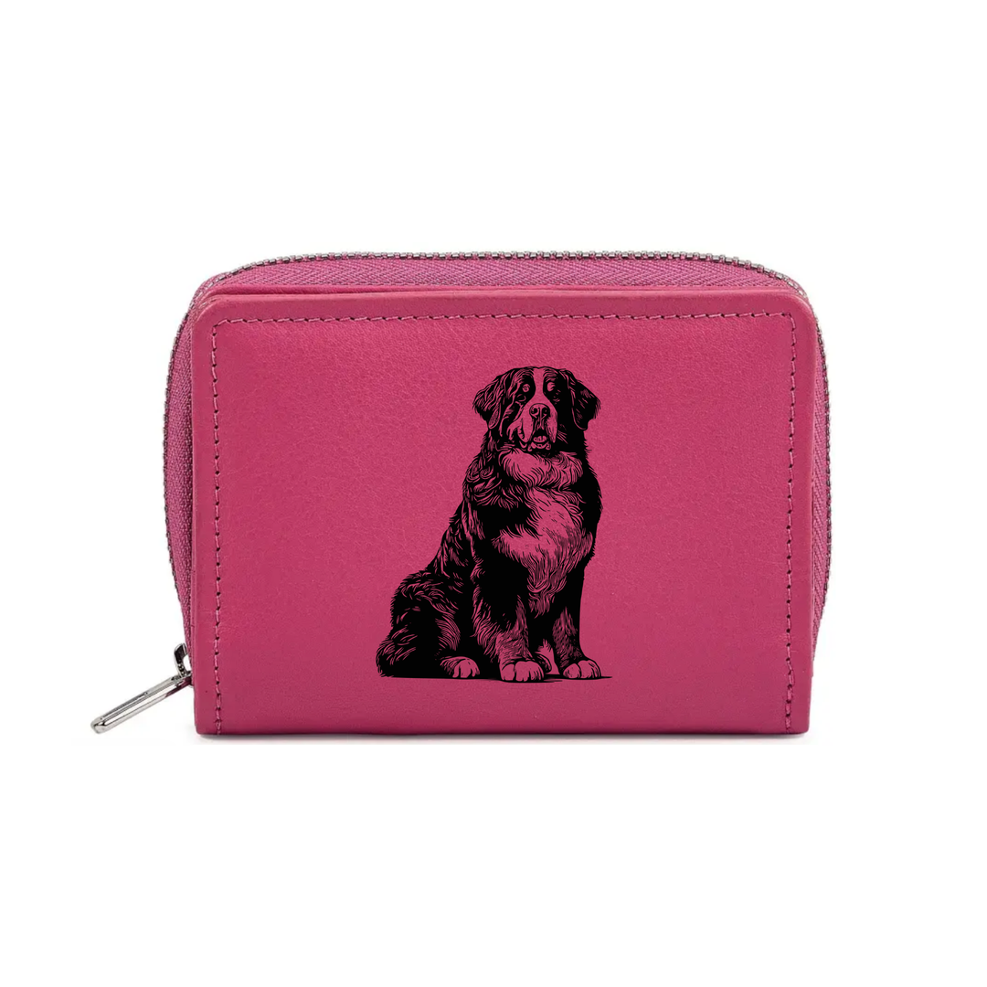 Bernese Mountain Dog Sitting Engraved Small Leather Purse (Green/Pink/Blue/Red)