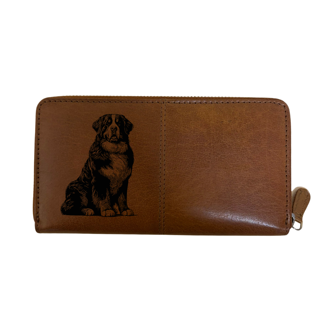 Bernese Mountain Dog Sitting Engraved Large Leather Purse