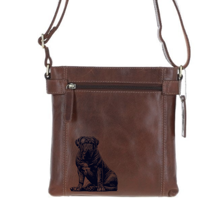 Dogue De Bordeaux Sitting Engraved Leather Two Section Zip Top Crossbody Bag