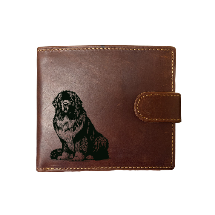 Personalised Newfoundland Sitting Engraved Dark Tan Genuine Leather Wallet