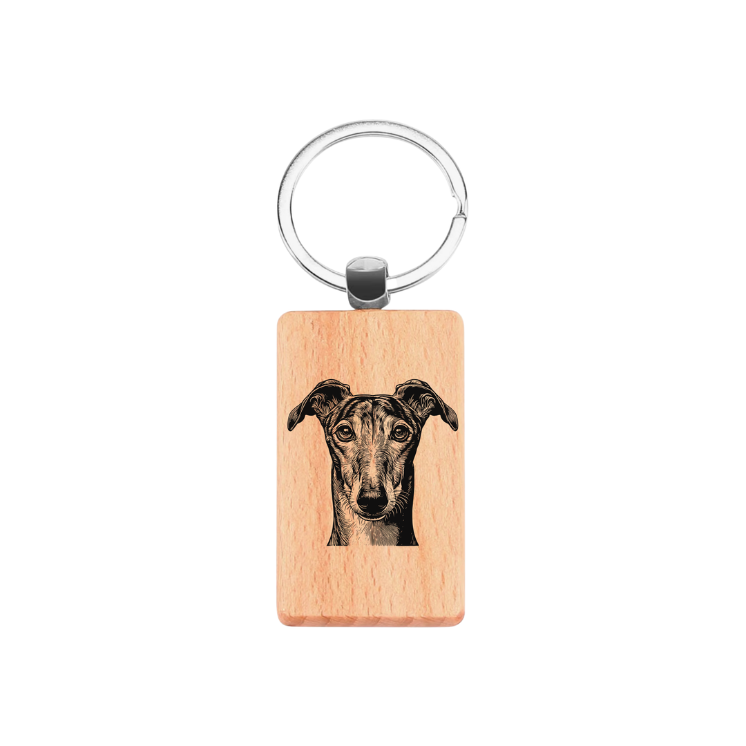 Greyhound Face Engraved Rectangle Wooden Keyring