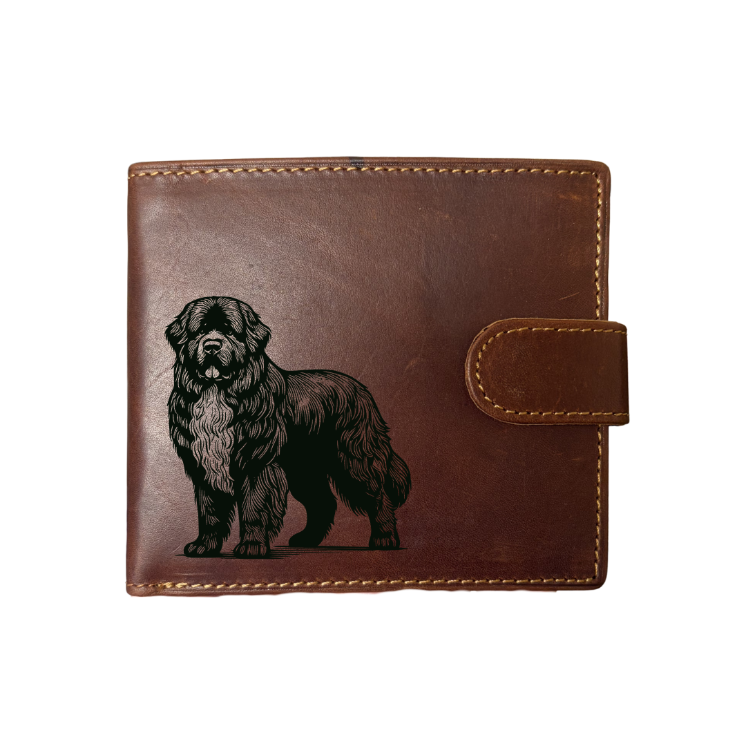 Personalised Newfoundland Standing Engraved Dark Tan Genuine Leather Wallet
