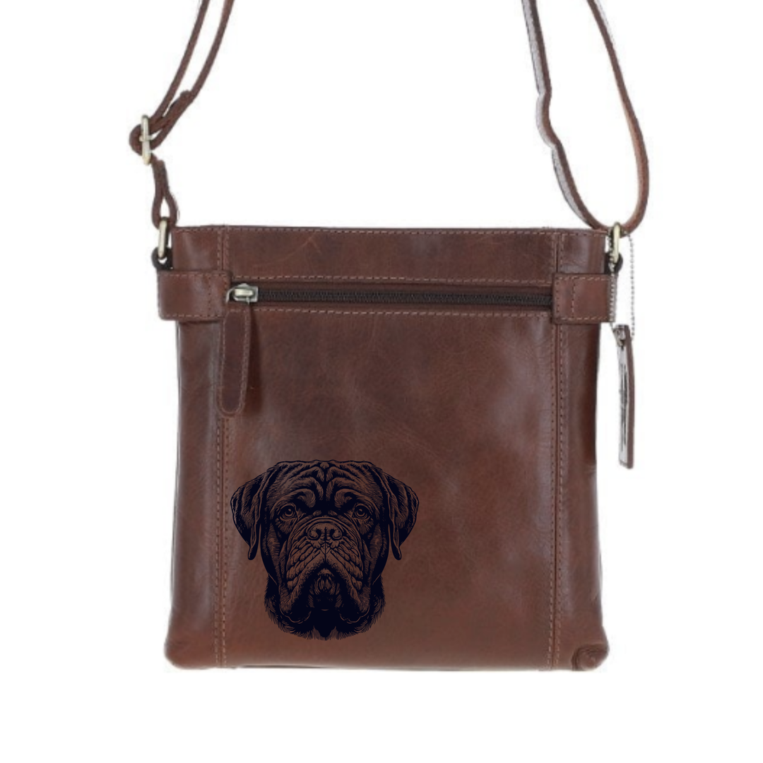 Dogue De Bordeaux Face Engraved Leather Two Section Zip Top Crossbody Bag