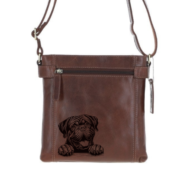 Dogue De Bordeaux Paws Engraved Leather Two Section Zip Top Crossbody Bag