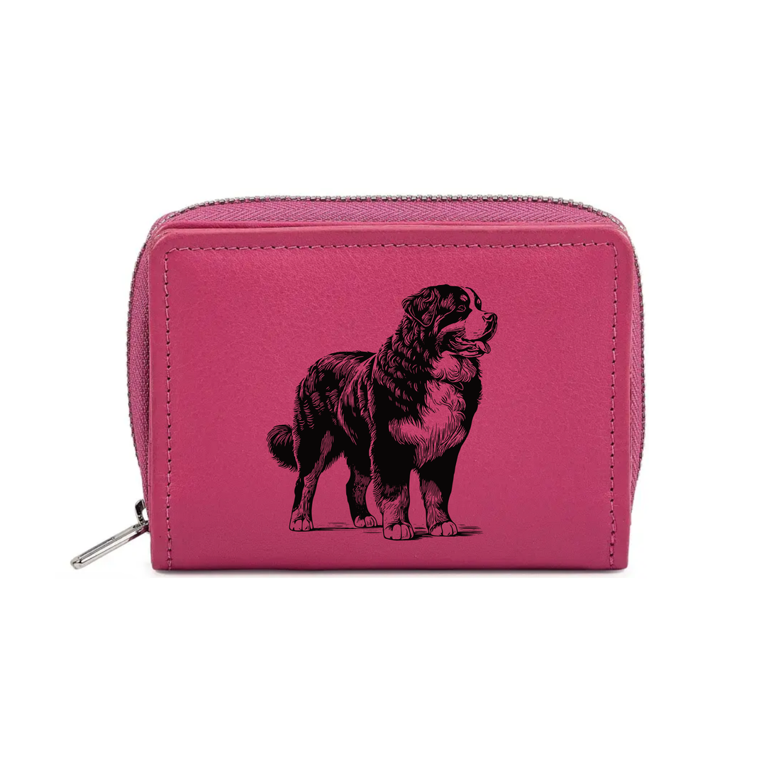 Bernese Mountain Dog Standing Engraved Small Leather Purse (Green/Pink/Blue/Red)