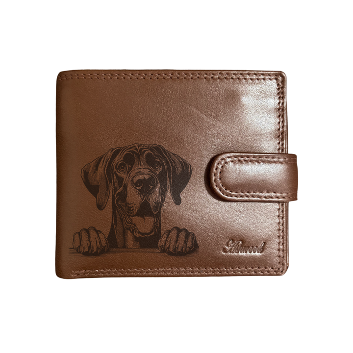Personalised Great Dane Paws Engraved Dark Tan Genuine Leather Wallet