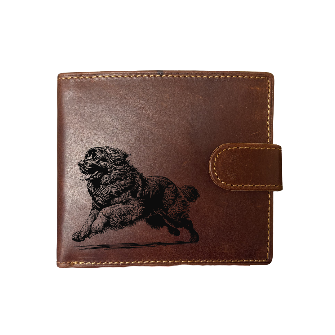 Personalised Leonberger Running Engraved Dark Tan Genuine Leather Wallet