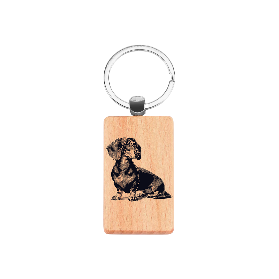 Dachshund Sitting Engraved Rectangle Wooden Keyring