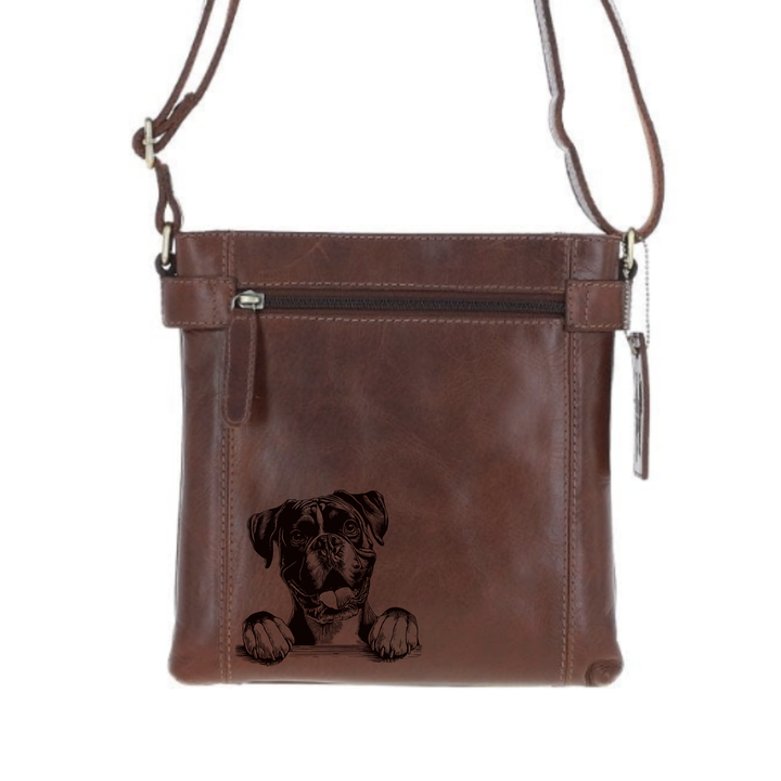 Boxer Paws Engraved Leather Two Section Zip Top Crossbody Bag