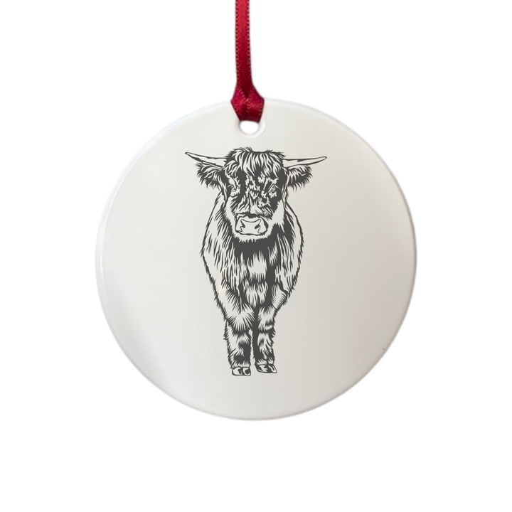 Personalised Highland Cow Standing Engraved White Acrylic Decoration