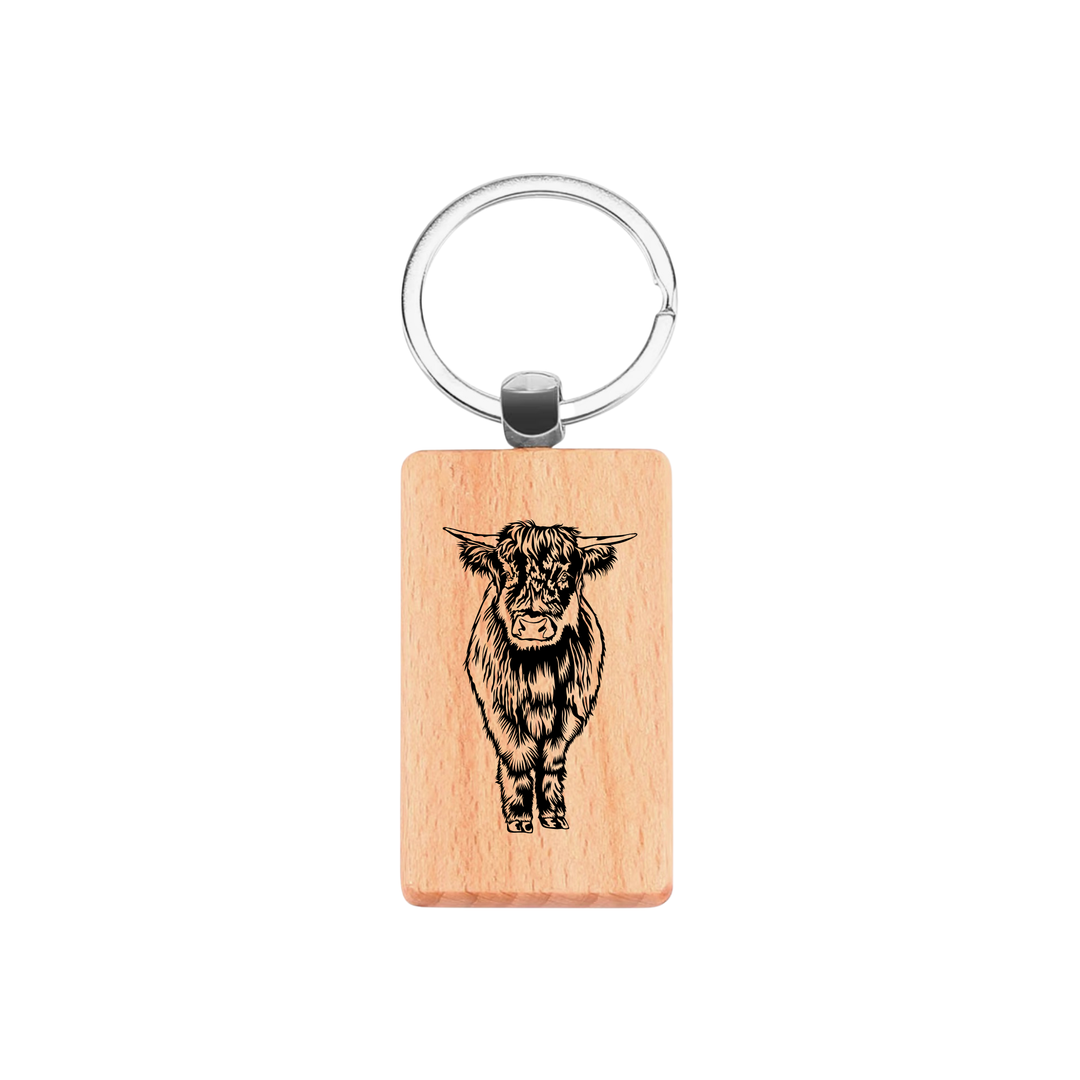 Highland Cow Standing Engraved Rectangle Wooden Keyring