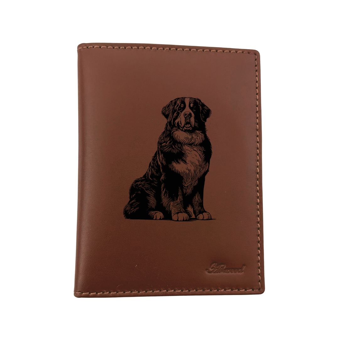 Bernese Mountain Dog Sitting Engraved Leather Passport Cover