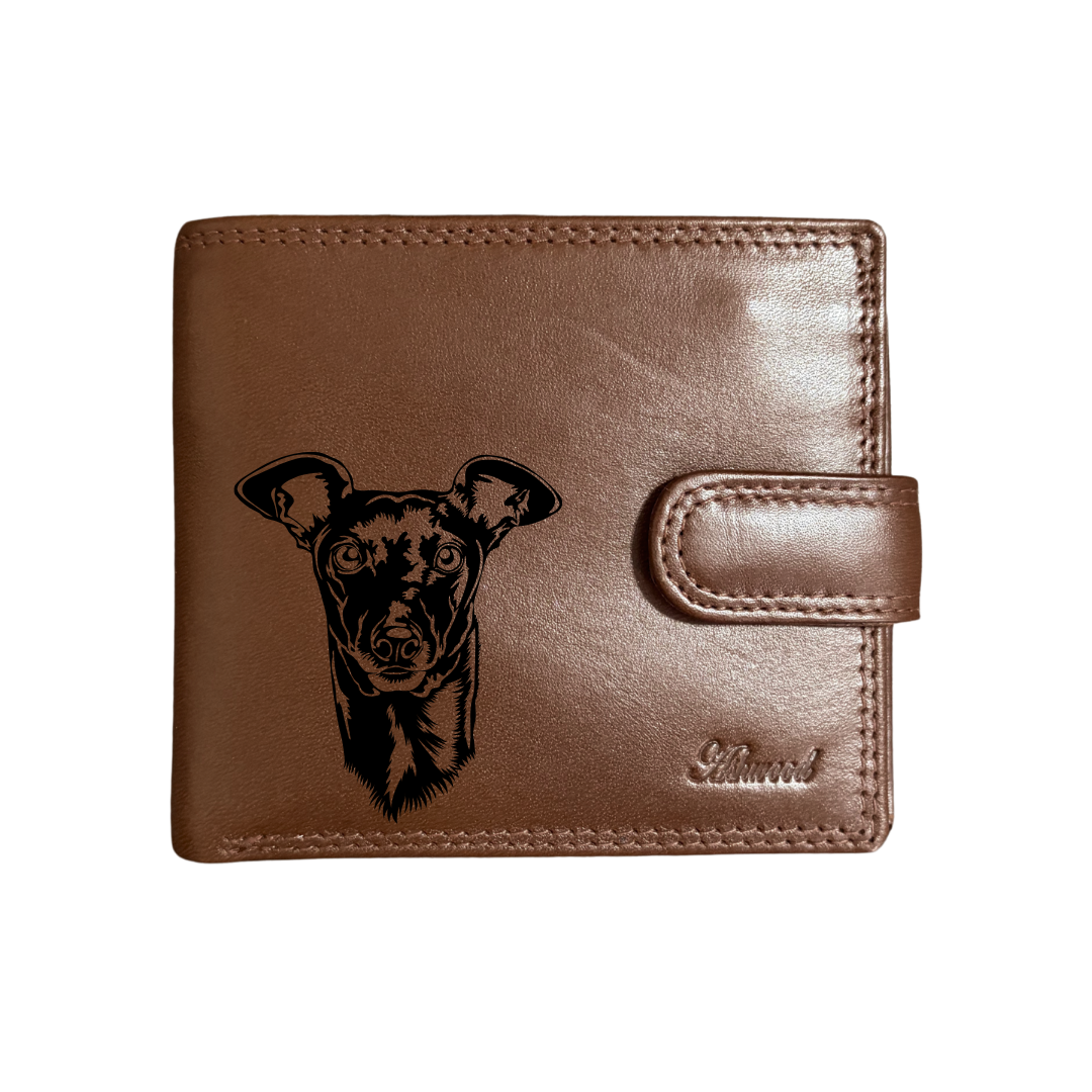 Personalised Italian Greyhound Face Engraved Dark Tan Genuine Leather Wallet