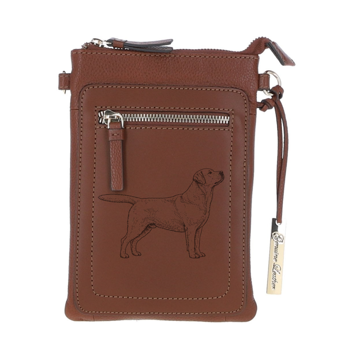 Personalised Labrador Stand Engraved Leather Crossbody Smart Phone Bag