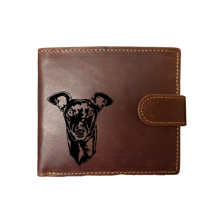 Personalised Italian Greyhound Face Engraved Dark Tan Genuine Leather Wallet