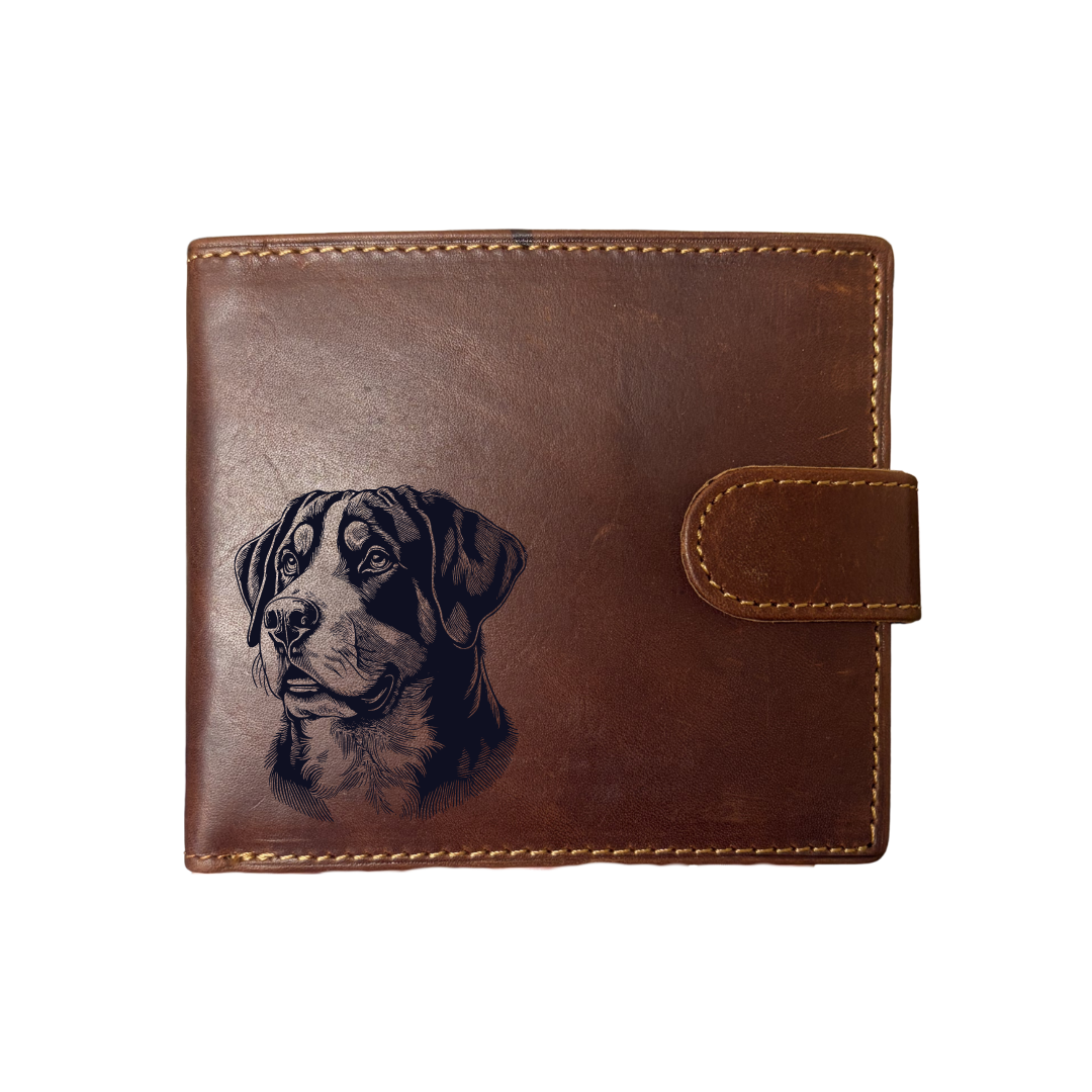 Personalised Great Swiss Mountain Dog Face Engraved Dark Tan Genuine Leather Wallet