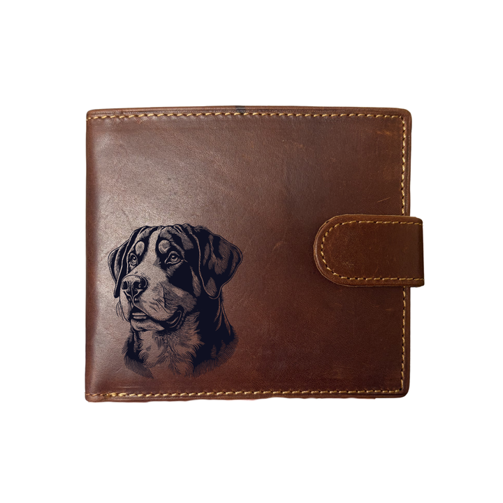 Personalised Great Swiss Mountain Dog Face Engraved Dark Tan Genuine Leather Wallet