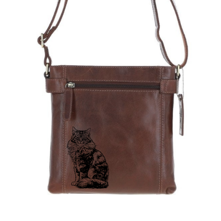Longhair Tabby Cat Sitting Engraved Leather Two Section Zip Top Crossbody Bag