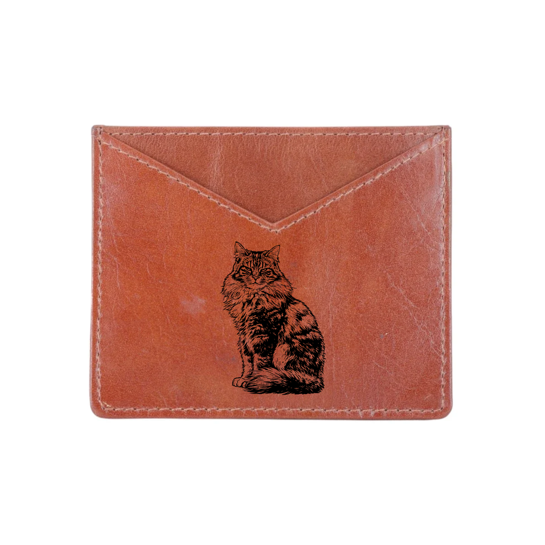 Longhair Tabby Cat Engraved Genuine Leather Cardholder