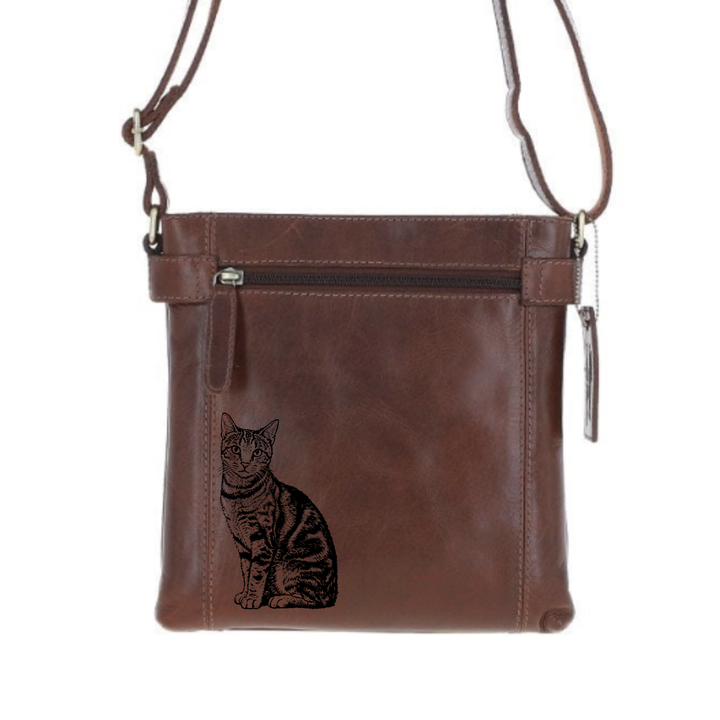 Tabby Cat Sitting Engraved Leather Two Section Zip Top Crossbody Bag