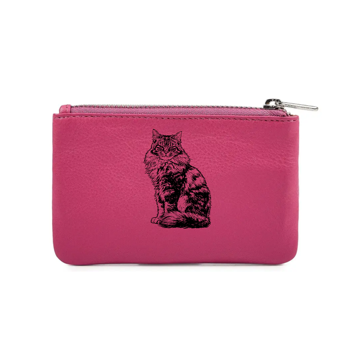 Longhair Tabby Cat Sitting Engraved Genuine Leather Coin Purse (Multiple Colour Options)