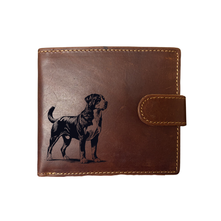 Personalised Great Swiss Mountain Dog Standing Engraved Dark Tan Genuine Leather Wallet