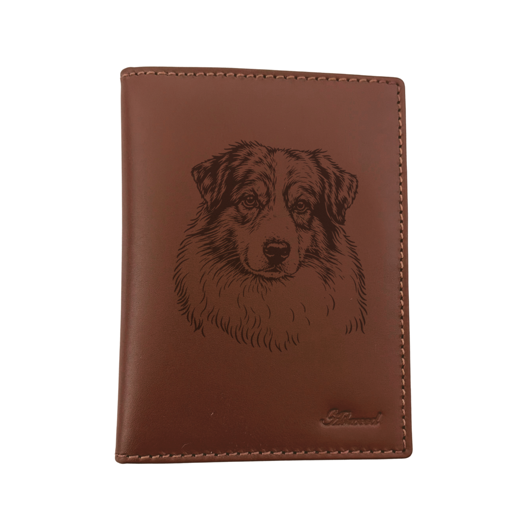 Australian Shepherd Face Engraved Leather Passport Cover