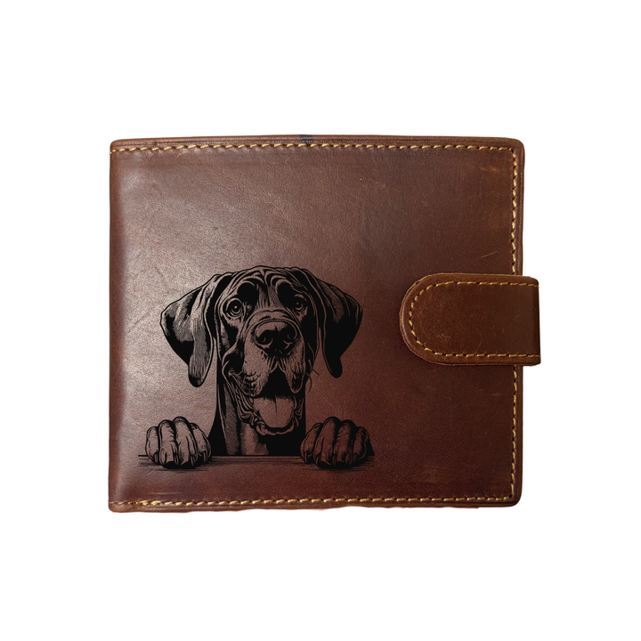 Personalised Great Dane Paws Engraved Dark Tan Genuine Leather Wallet