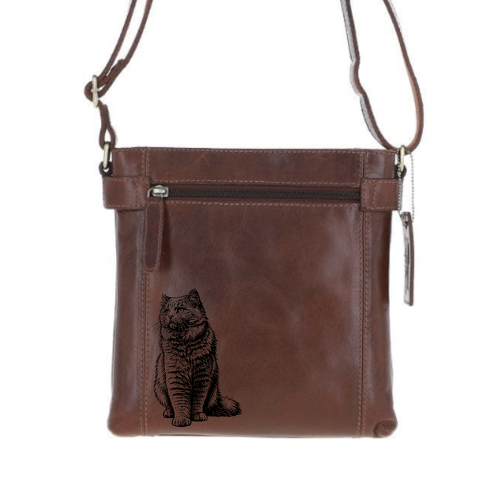 British Longhair Cat Engraved Leather Two Section Zip Top Crossbody Bag