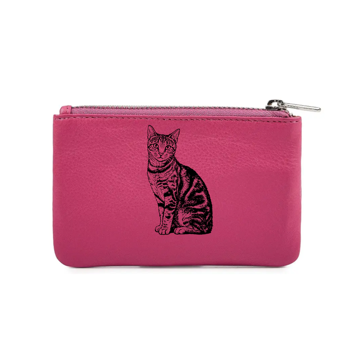 Tabby Cat Sitting Engraved Genuine Leather Coin Purse (Multiple Colour Options)