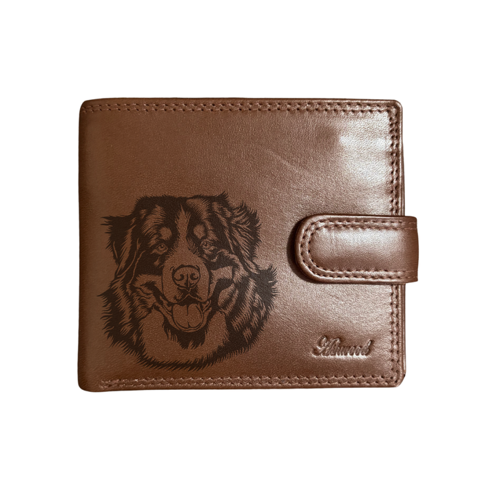 Personalised Bernese Mountain Dog Face Engraved Dark Tan Genuine Leather Wallet