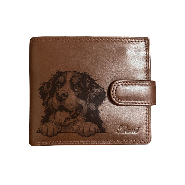 Personalised Bernese Mountain Dog Paws Engraved Dark Tan Genuine Leather Wallet