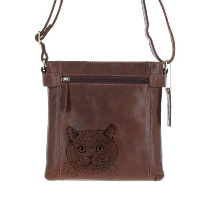 British Shorthair Cat Engraved Leather Two Section Zip Top Crossbody Bag