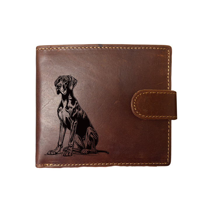 Personalised Great Dane Sitting Engraved Dark Tan Genuine Leather Wallet