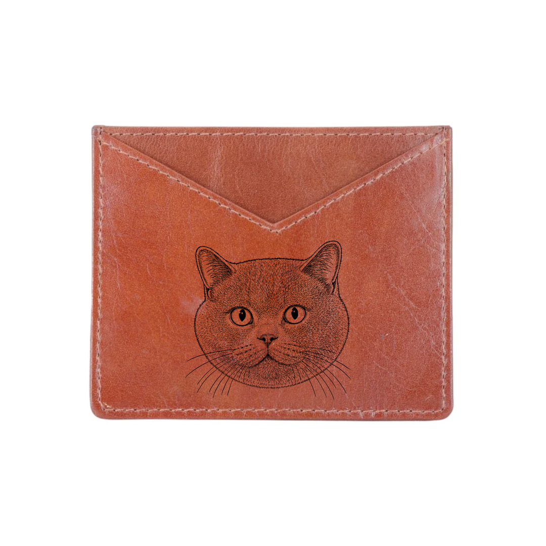 British Shorthair Cat Face Engraved Genuine Leather Cardholder