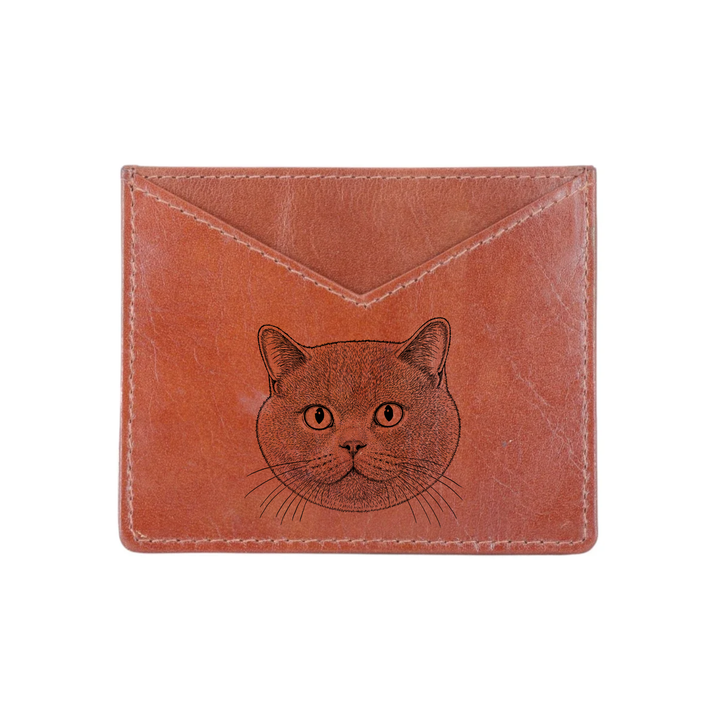 British Shorthair Cat Face Engraved Genuine Leather Cardholder