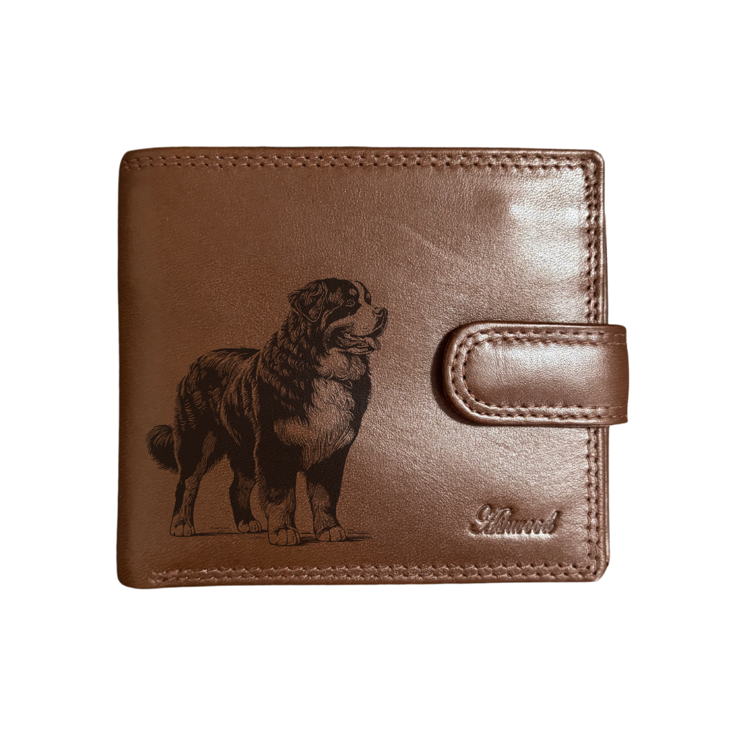 Personalised Bernese Mountain Dog Standing Engraved Dark Tan Genuine Leather Wallet