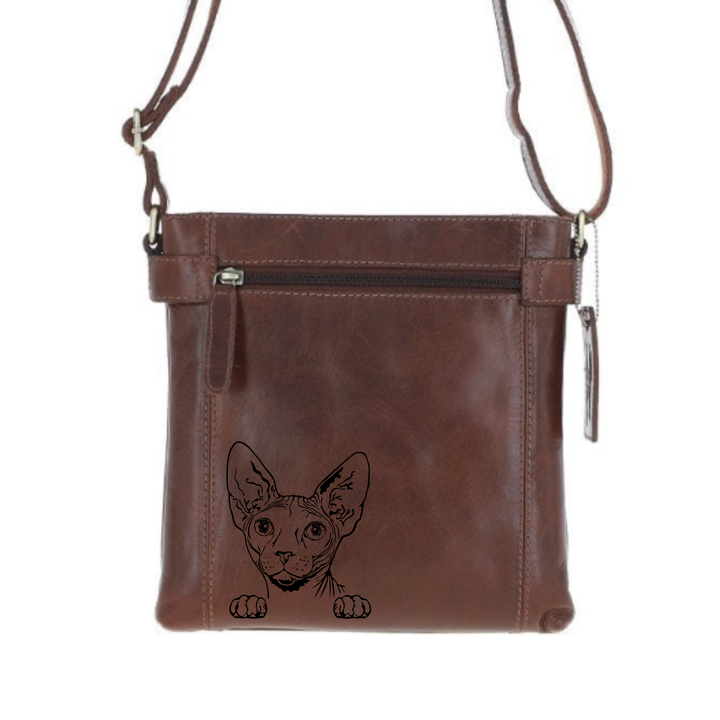 Sphynx Cat Engraved Leather Two Section Zip Top Crossbody Bag