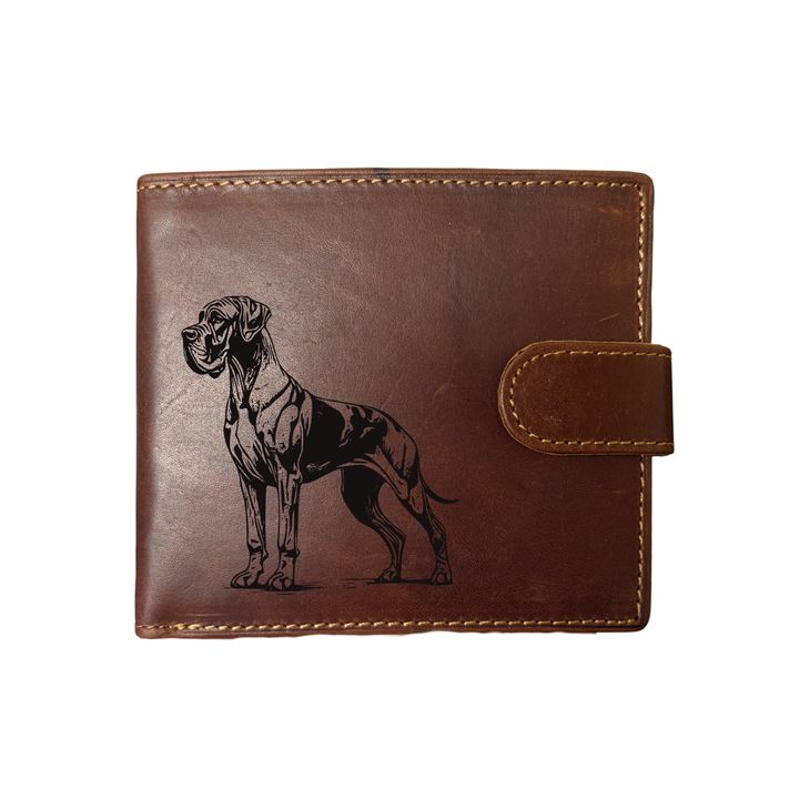 Personalised Great Dane Standing Engraved Dark Tan Genuine Leather Wallet