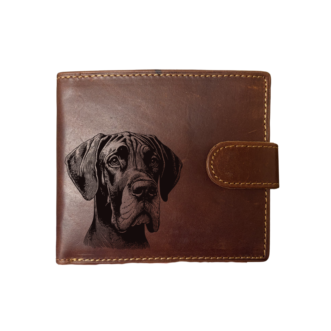 Personalised Great Dane Face Engraved Dark Tan Genuine Leather Wallet