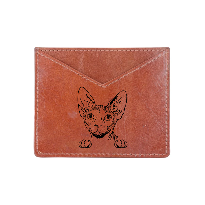 Sphynx Cat Face Engraved Genuine Leather Cardholder