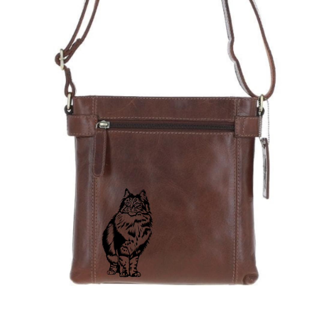 Norwegian Forest Cat Engraved Leather Two Section Zip Top Crossbody Bag