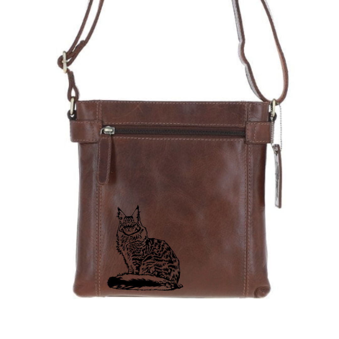 Maine Coon Cat Engraved Leather Two Section Zip Top Crossbody Bag