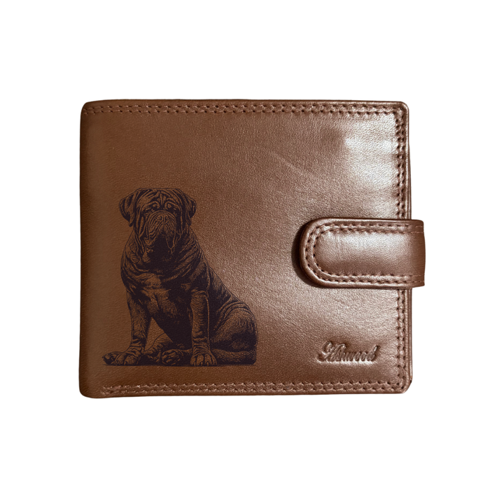 Personalised Dogue De Bordeaux Sitting Engraved Dark Tan Genuine Leather Wallet