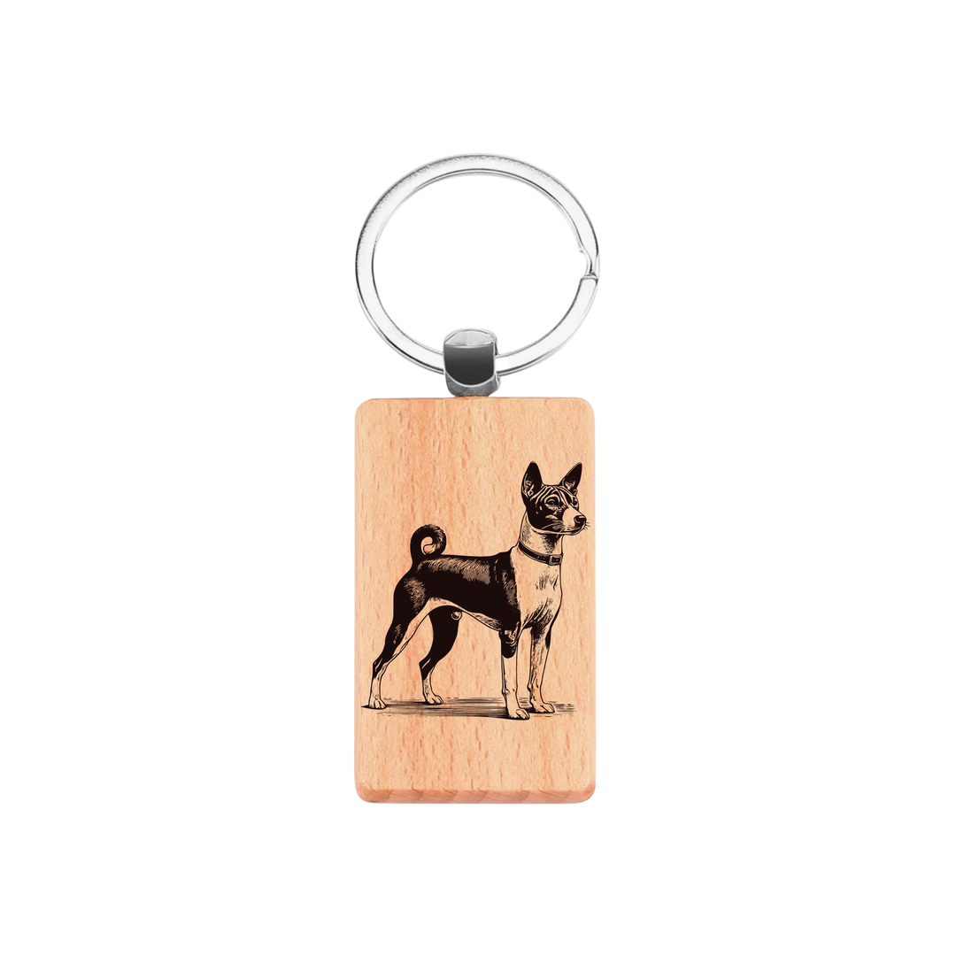 Basenji Engraved Rectangle Wooden Keyring