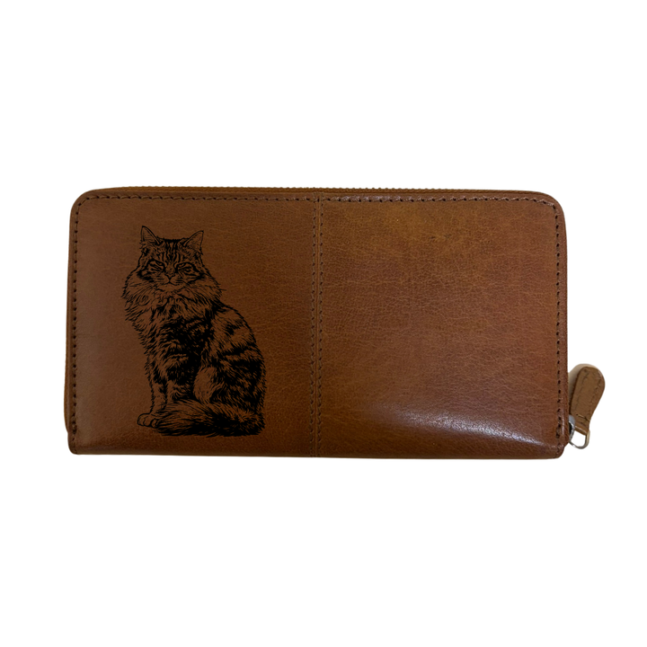 Longhair Tabby Cat Sitting Engraved Large Leather Purse