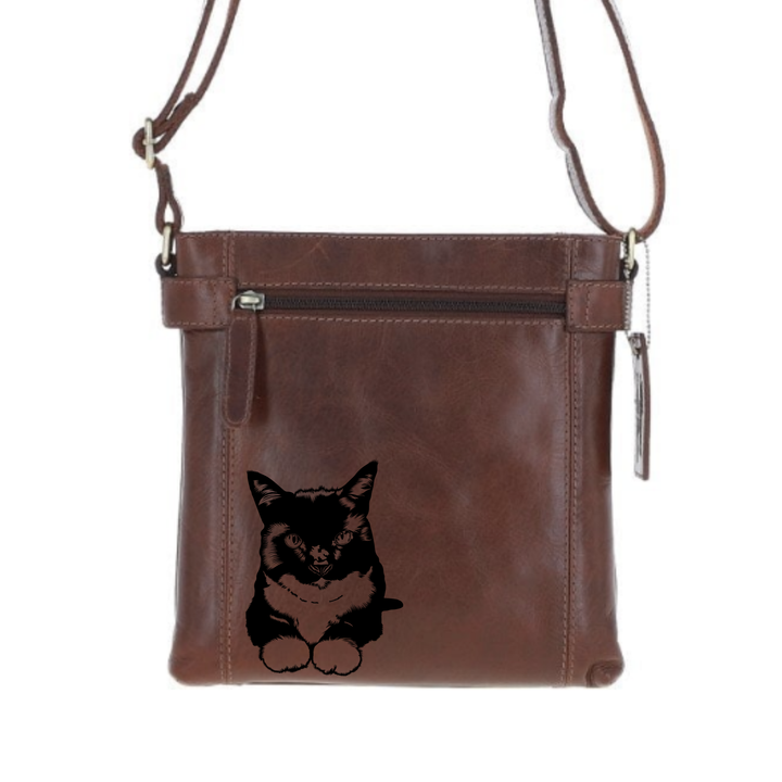 Tuxedo Cat Engraved Leather Two Section Zip Top Crossbody Bag
