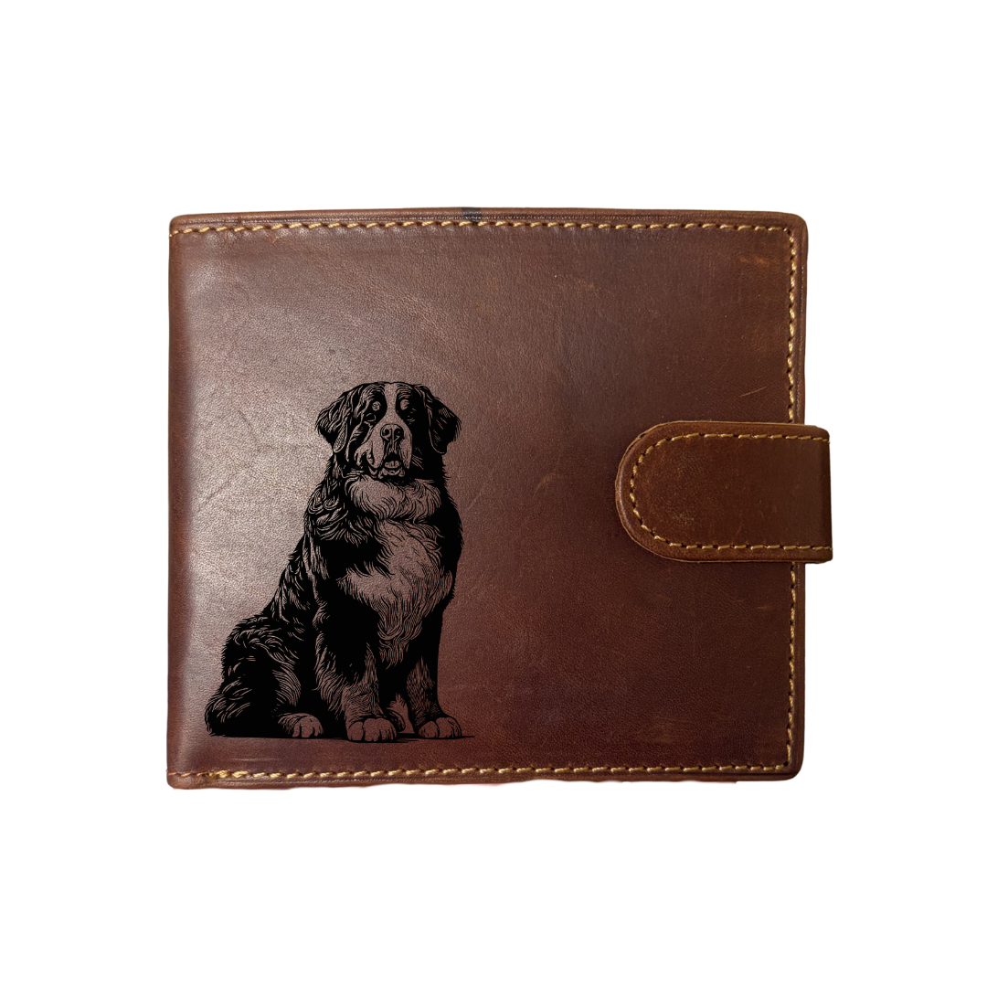 Personalised Bernese Mountain Dog Sitting Engraved Dark Tan Genuine Leather Wallet